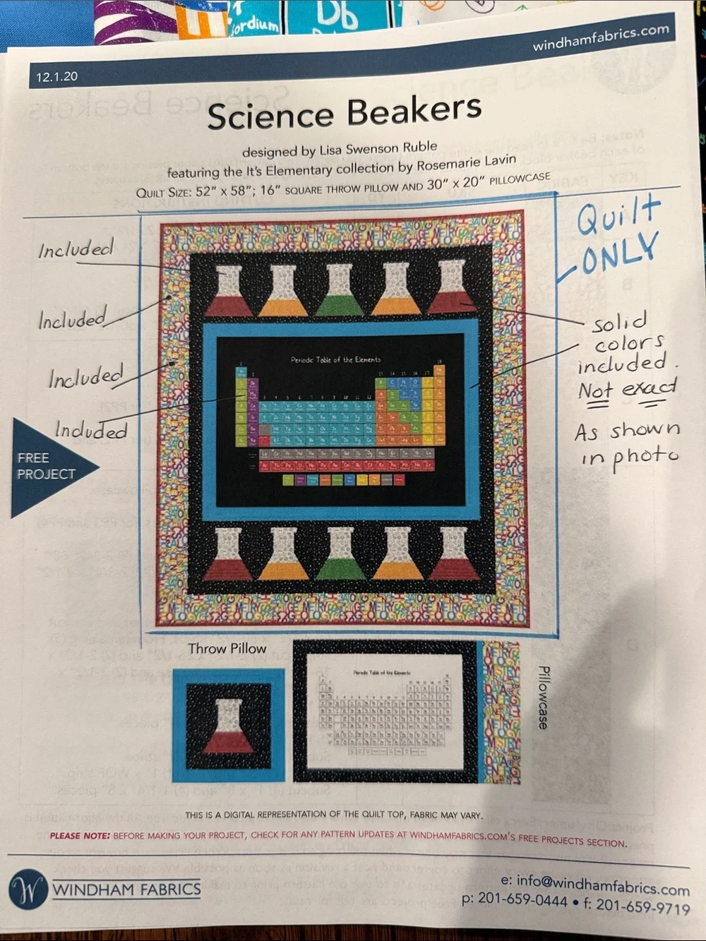 Chemistry Quilt Kit - see specific details below (does not include pillow)
